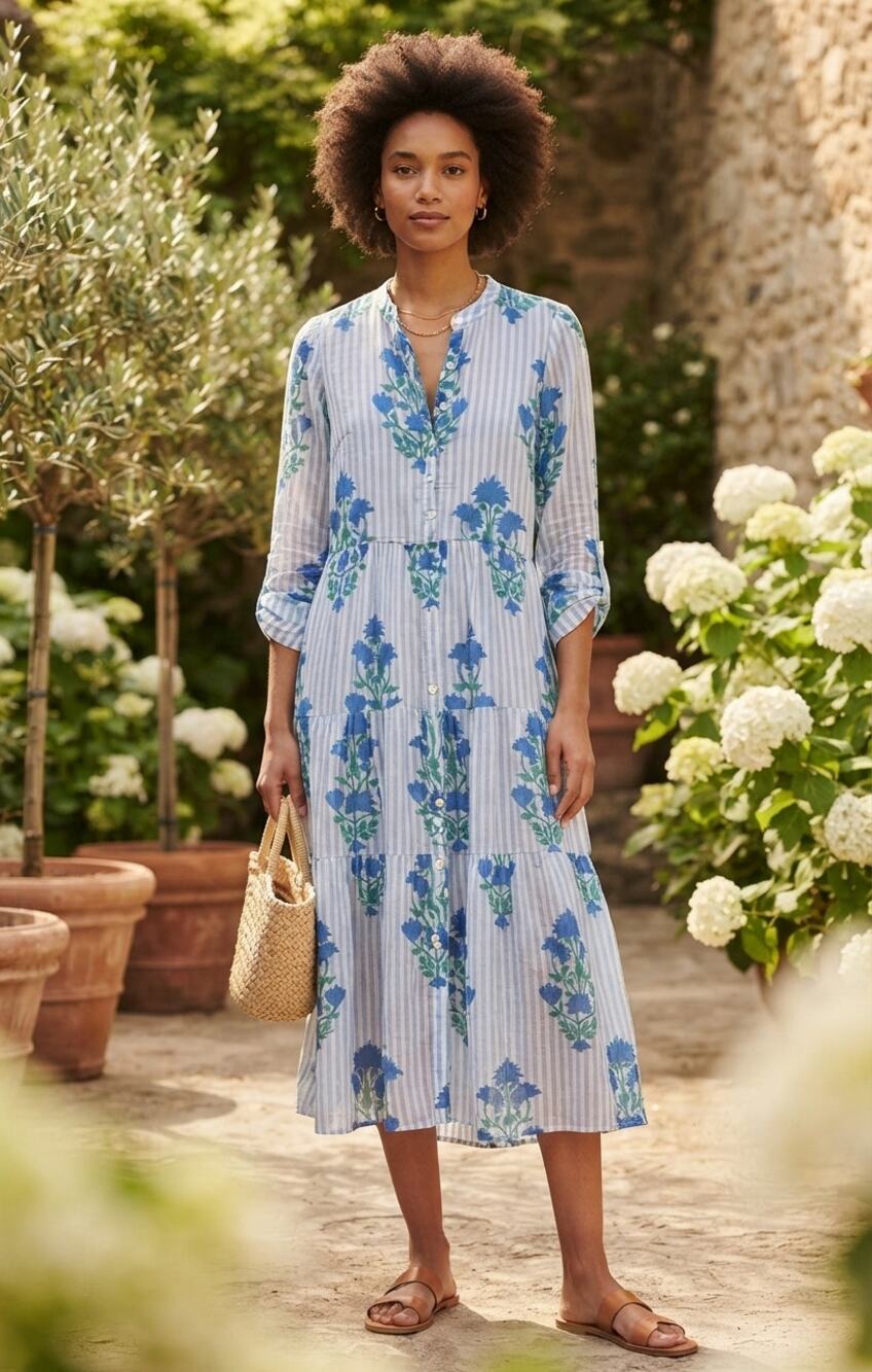 Oliphant Blue White Stripe Floral Block Print Tiered Button Front Midi Dress XS